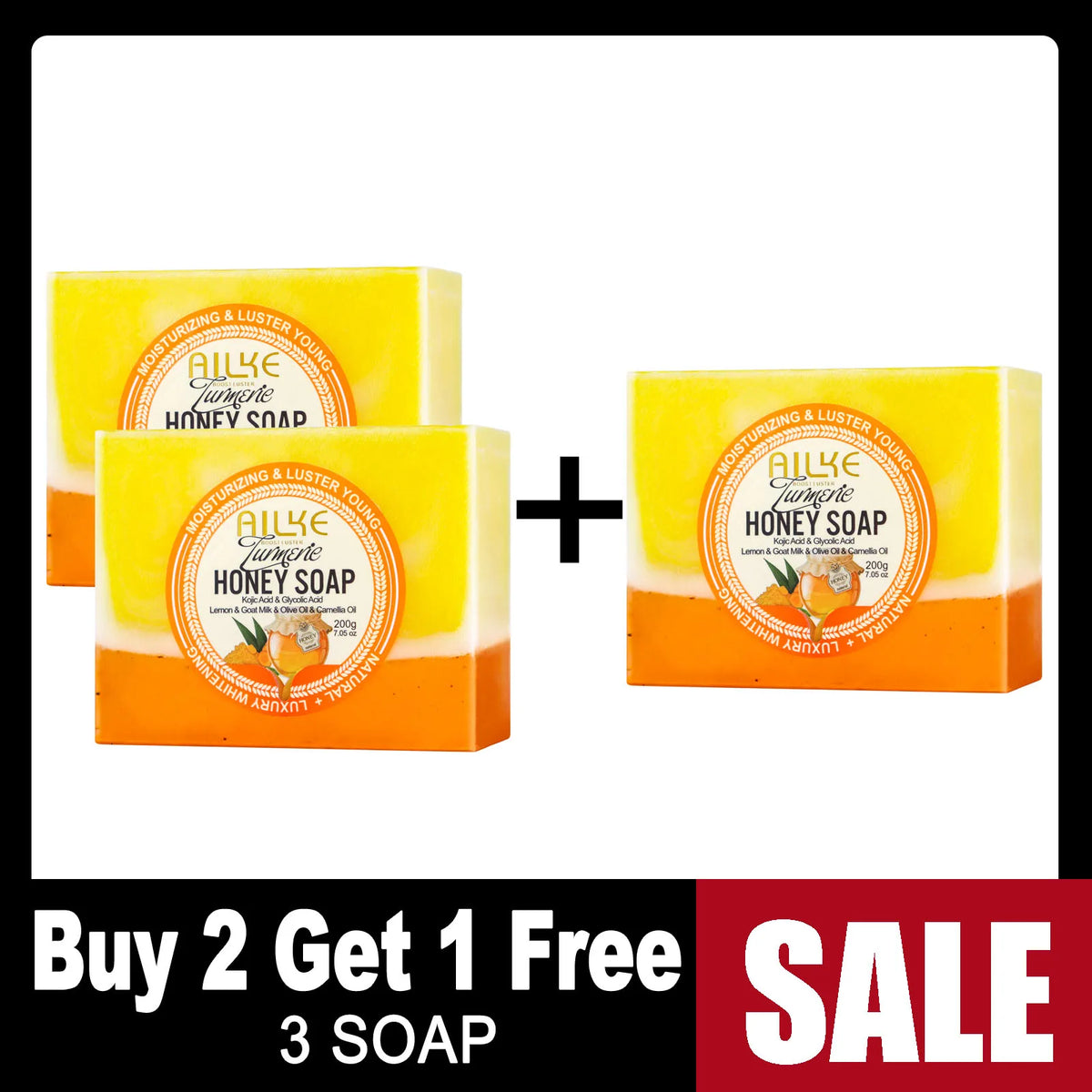 AILKE Natural Turmeric Honey Soap Cleanser, Lightening, Clean Skin, Remove Dark Spots, Stains, for Face and Body, 200g/7 oz