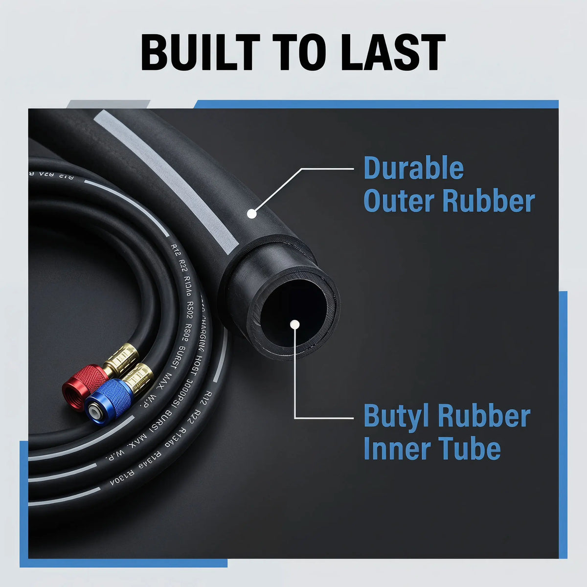 AC refrigerant charging hose kit with low loss fittings for R134A R12 R22, 0.9-1.8m