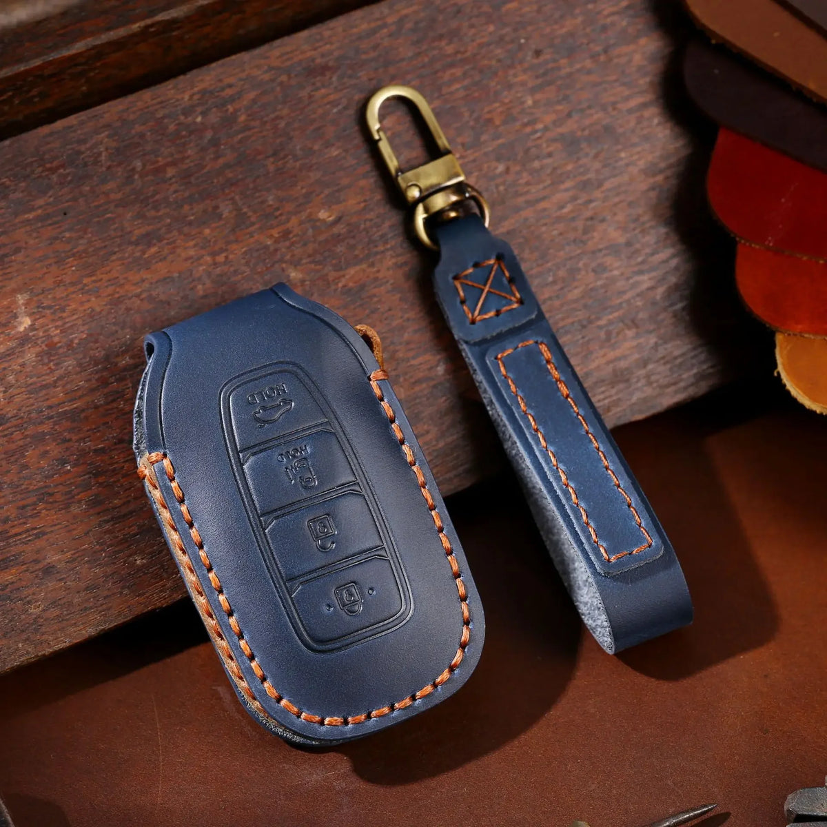 Leather car key fob cover case for Hyundai i30 Kona Elantra Santa Fe, black/blue/brown