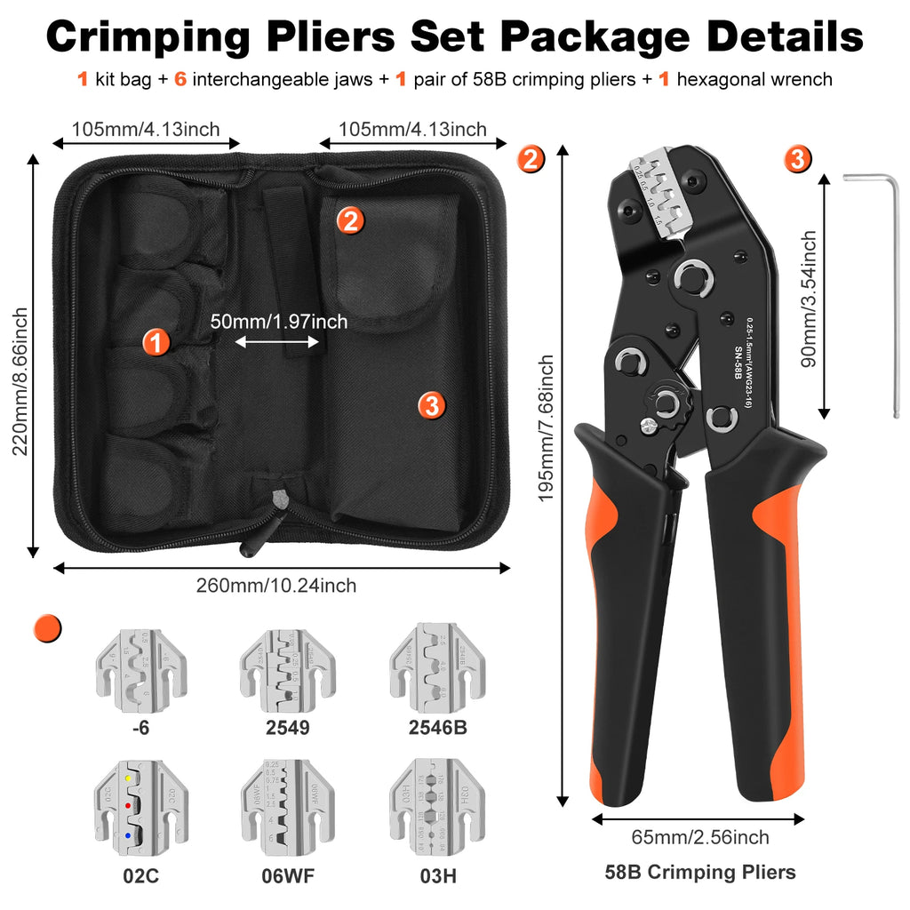 SN Ratchet Electrician Crimping Tool set for Insulated and Non-Insulated terminals, Molex Open Barrel Dupont connectors