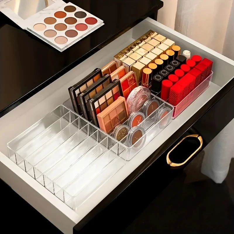 7-Compartment Clear Plastic Makeup Organizer - Lipstick & Eyeshadow Holder, Cosmetic Storage Tray for Bathroom Essentials
