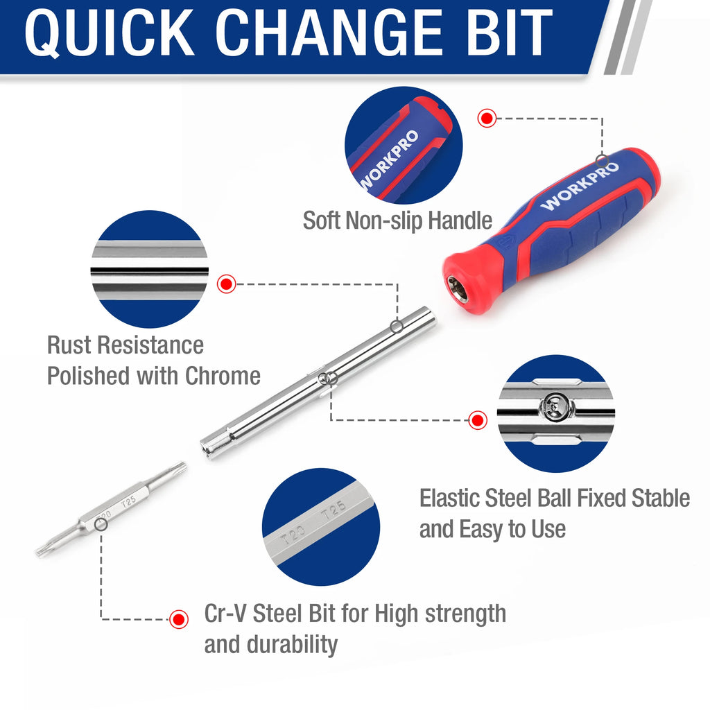 WORKPRO 14-in-1 Screwdriver Set, Chrome Vanadium Steel Flathead & Phillips, Oxford Bag