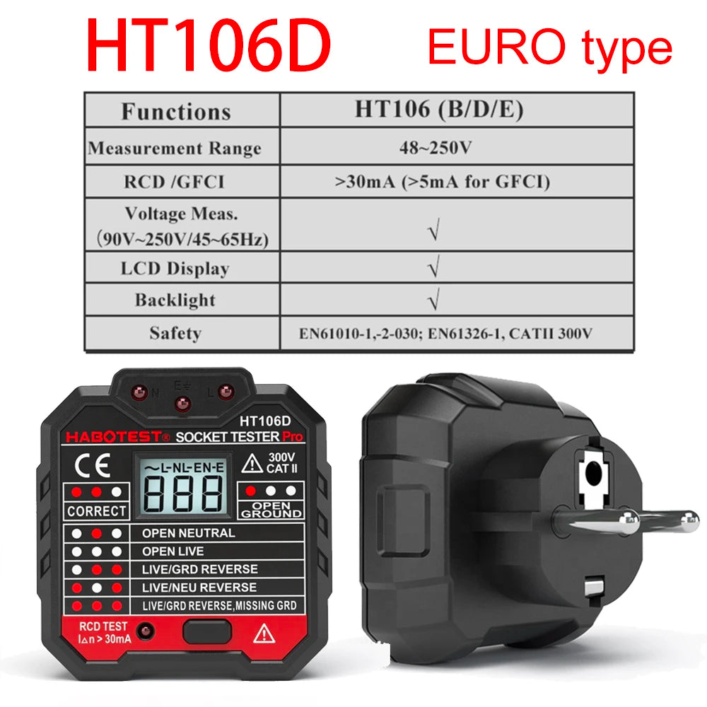 Habotest HT107 Pro Socket Tester A Comprehensive Tool for Voltage, RCD 30mA, UK/EU Plug Grounding, Zero Line, Polarity and Phas
