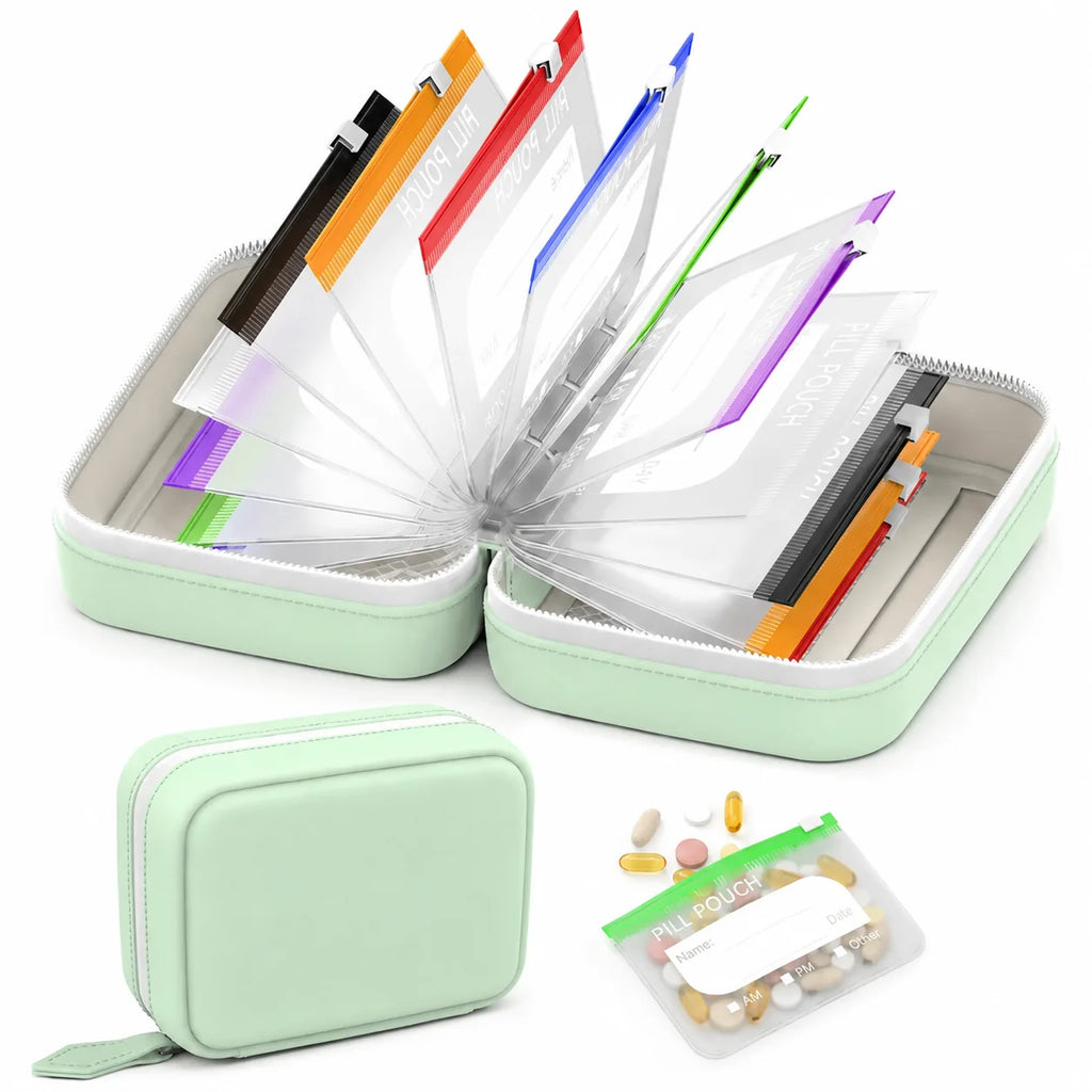 Travel Pill Organizer Case with 14 Reusable Zipper Pouches, Food-Grade Silicone, Black
