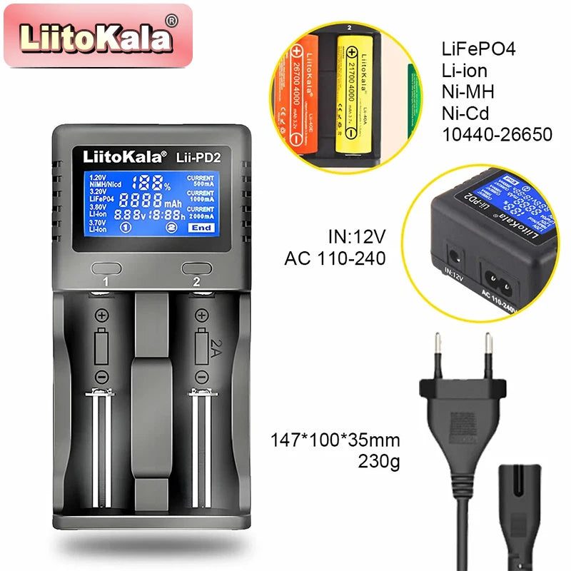 Liitokala Lii-PD2/Lii-PD4 Li-ion & NiMH Battery Charger for 18650 21700 26650 AA AAA