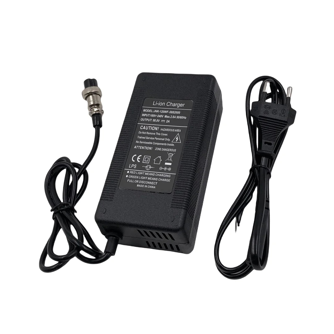 58.8V 2A Charger with GX16-3 Pin DC5.5 XLR Plug, Power Adapter for 52V Li-ion Battery Input 100-240V