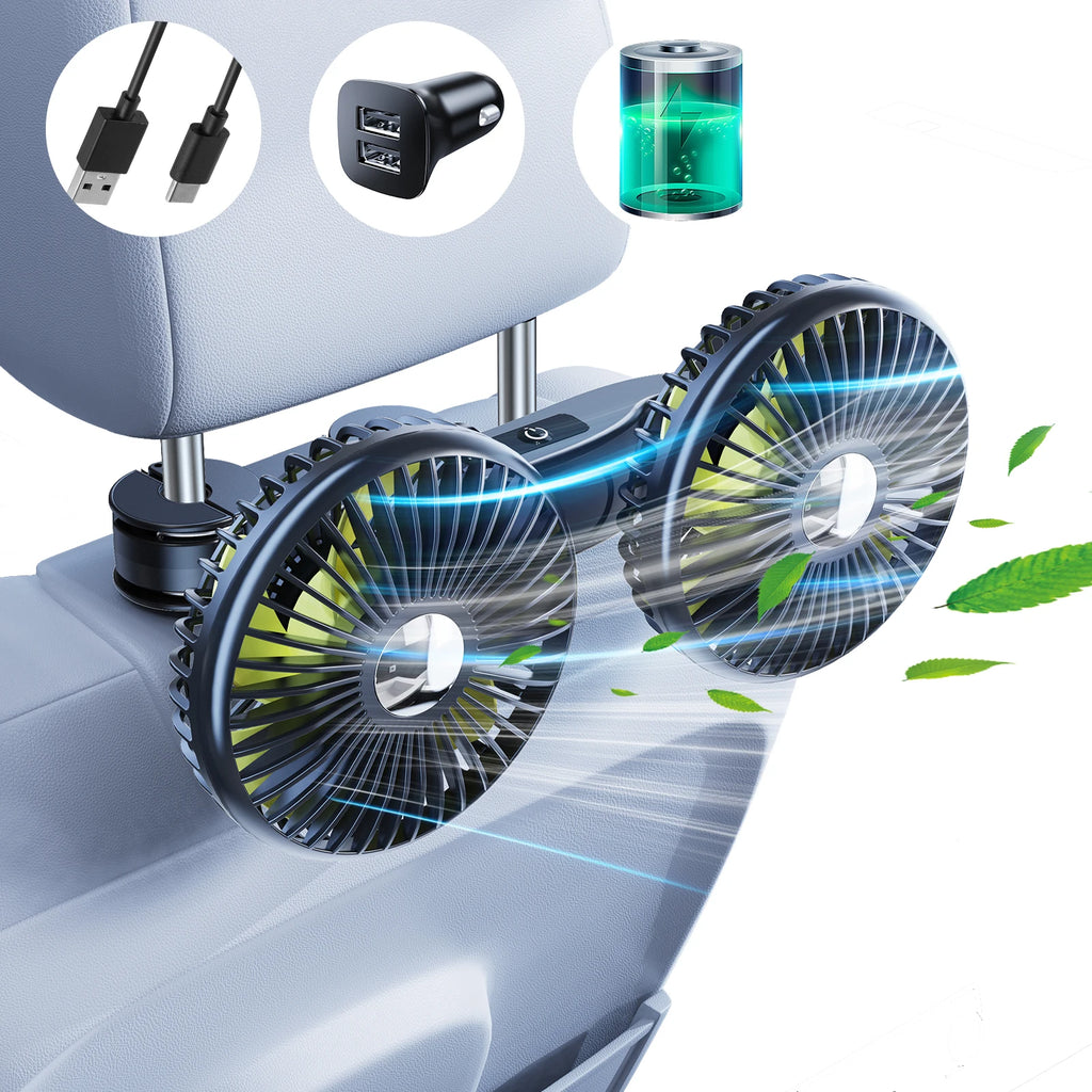 Eary Car Rear Seat Fan Headrest Backseat Dual Head Fan 2000mAh Battery 3 Speed Air Cooling Fans for kids Summer Car Accessories