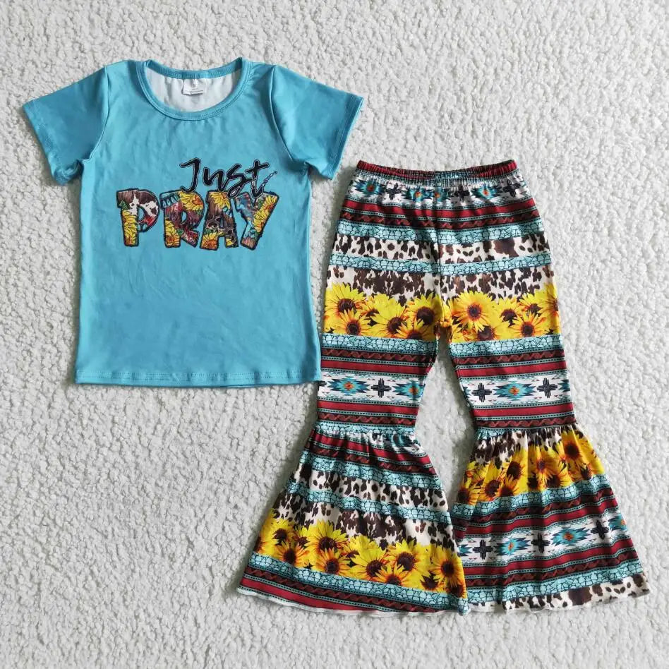 Wholesale No Moq Mama Baby Girl Clothes Short Sleeve Shirt Leopard Bell Bottom Pants Outfits Toddler Children Mother's Day Set