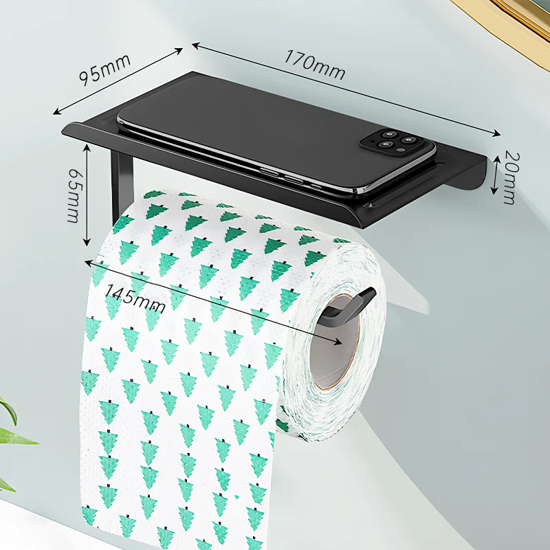 Aluminum Alloy Wall-Mounted Toilet Paper Holder with Shelf Phone Stand, Black/White/Grey, 2pcs