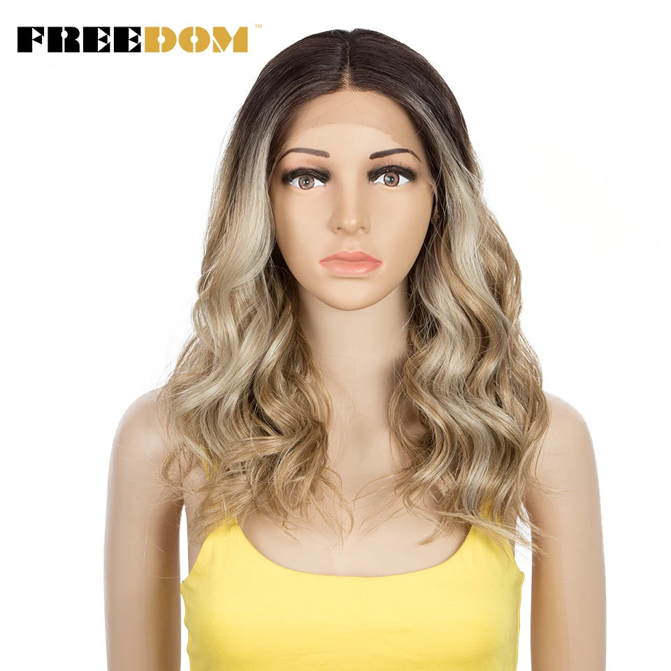 FREEDOM Synthetic Lace Front Wigs For Women 20 inch Short Bob Curly Natural Wavy Wig Ombre Blonde Brown White Wig Cosplay Wig