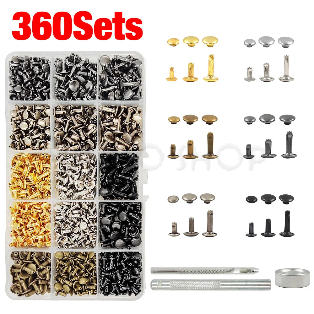 Metal Double Cap Rivets Stud Round Spike Nail With Tool Kits For Shoes Bag Belt Leathercraft Repair Clothing Garment Accessories