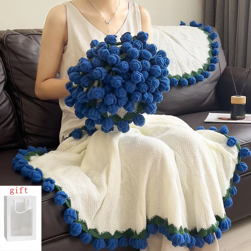 1pcs Rose Blanket Bouquet With Gift Bag Crochet Handmade Blanket of Roses Birthday Valentine's Day Gift for Girlfriend