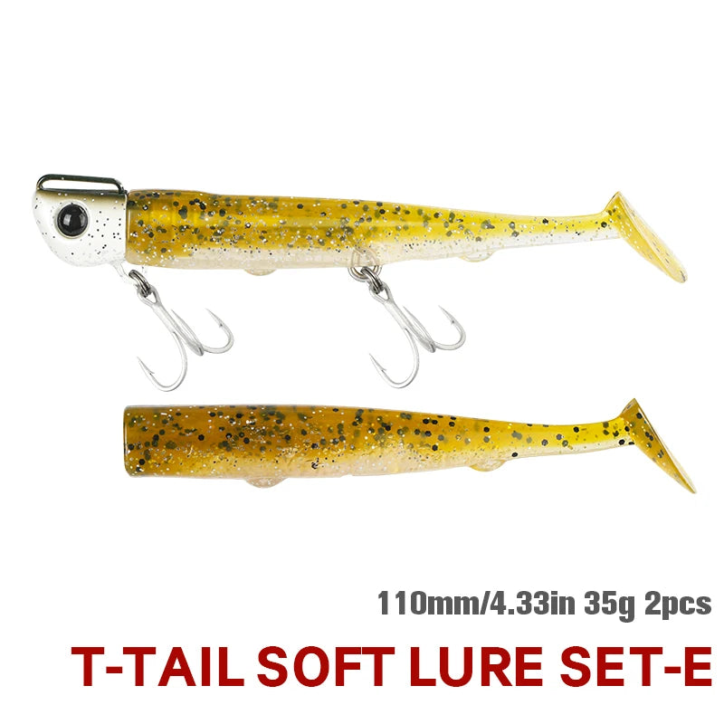 TSURINOYA T-Tail Soft Fishing Lure Set with Jig Head 110mm 35g 2pcs Saltwater