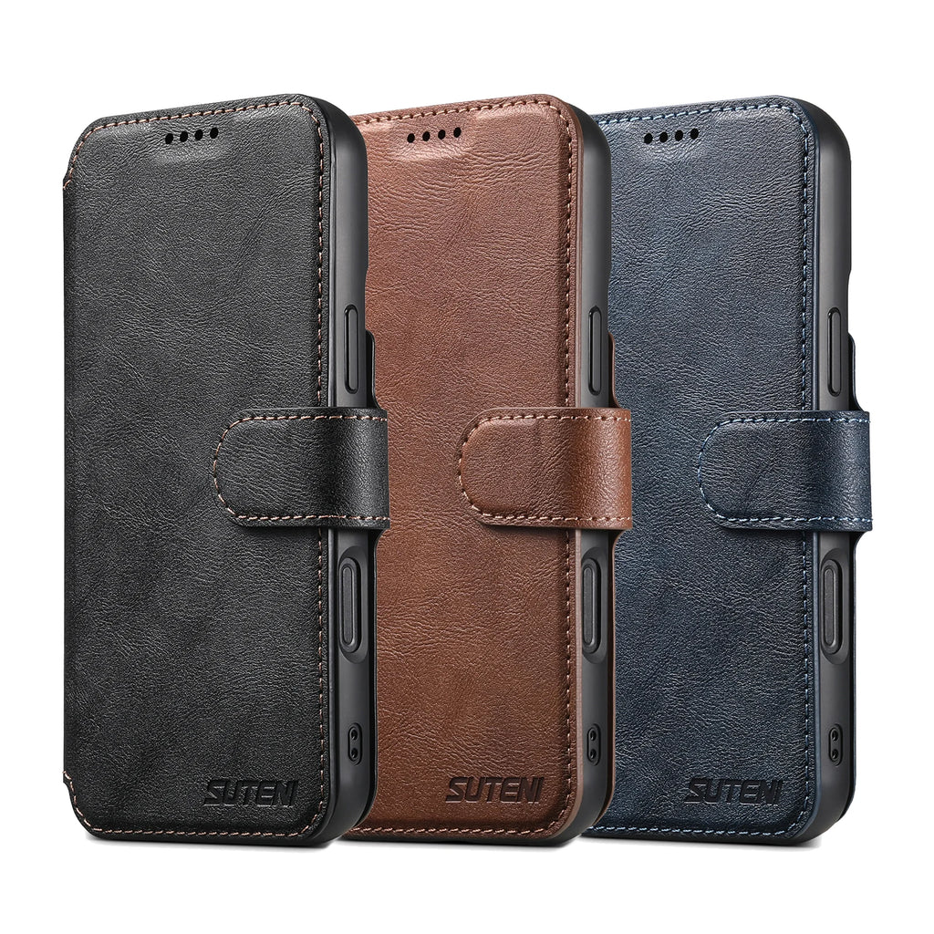 PU Leather Magnetic Flip Wallet Phone Case w/ Card Holder Stand, Wireless Charging for iPhone