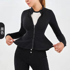 Autumn Winter New Arrival Denim Yoga Zipper Jacket Women Gym Fitness High Collar A-line Hem Slimming Long Sleeve Workout Tops