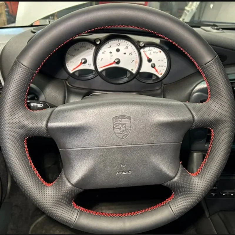 Hand Stitched Genuine Leather Non-slip Breathable Car Steering Wheel Cover for Porsche 986 1998-2004 DIY Car Interior