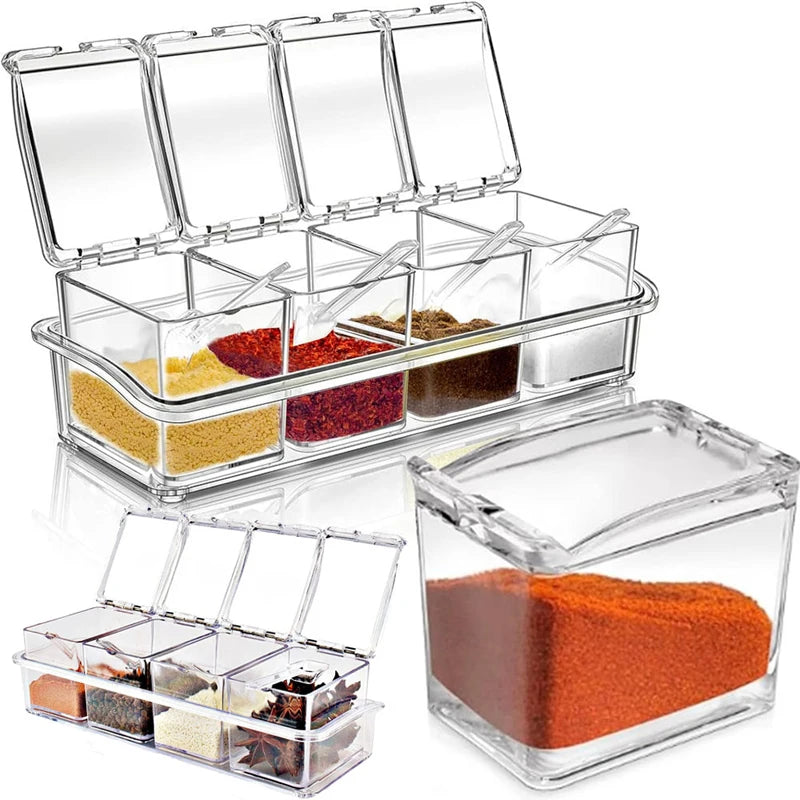 Clear Seasoning Box - Spice Storage Container Storage Tool for Kitchen Herb Spice Tools Gadgets-Cruet with Cover and Spoon