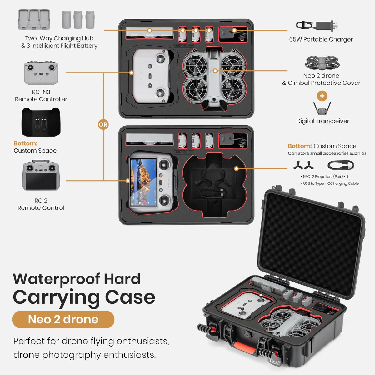 Neo 2 Case, Waterproof Hard Shell Carry Case for DJI Neo 2 Fly More Combo Accessories for RC-N/RC2 Controller [Case Only]