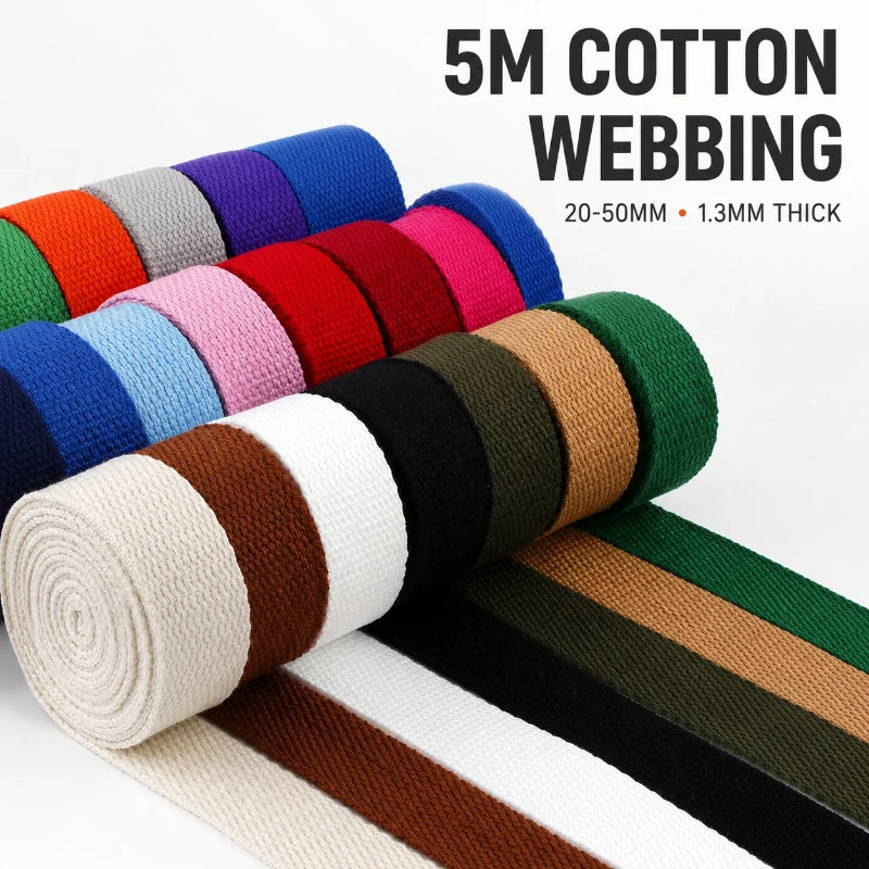5Meters 1.3mm 20-50mm Cotton Webbings Tape for Bag Strap Backpack Label Ribbon Band Clothes Bias Binding DIY Sewing Accessories