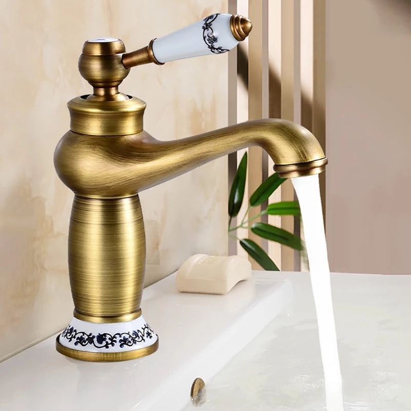 Luxury Basin Bath Faucet European Retro Single Handle Antique Bronze for Cold and Hot Water Sink Mixer Tap Mixer