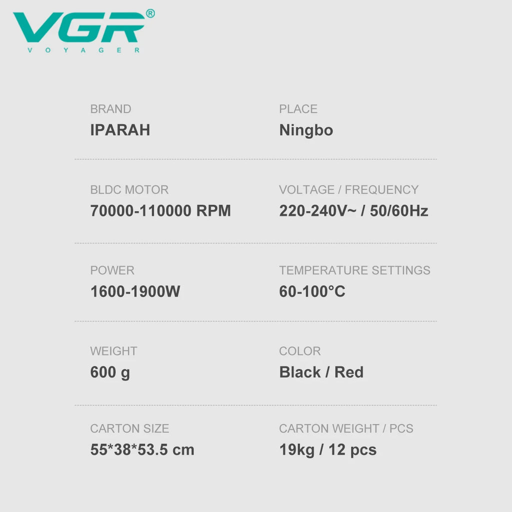 VGR High-Speed Hair Dryer V-401 110000 RPM Brushless Motor Hot/Cold EU Plug