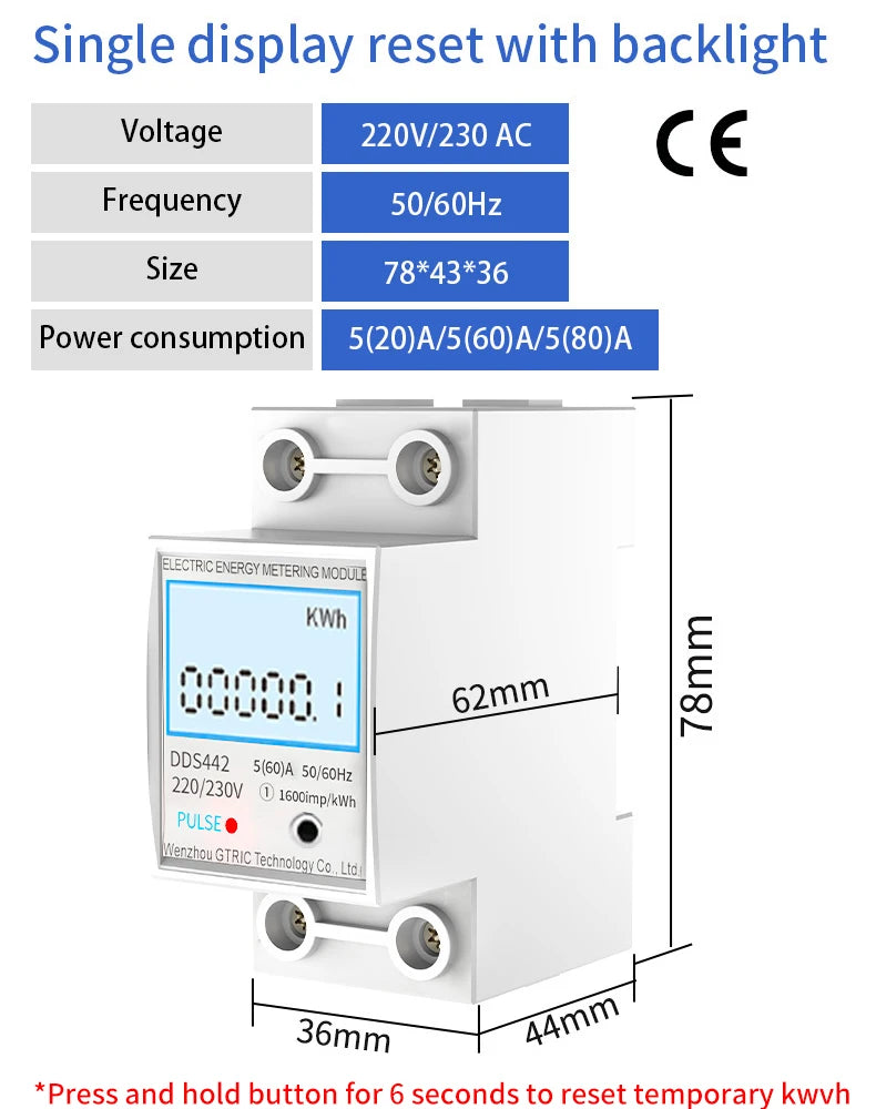 GTRIC Electric Energy Meter 2P Single Phase  LCD Digital Display DIN Rail Mounting 2-wire Electric Meter Wattmeter AC 230V 50Hz