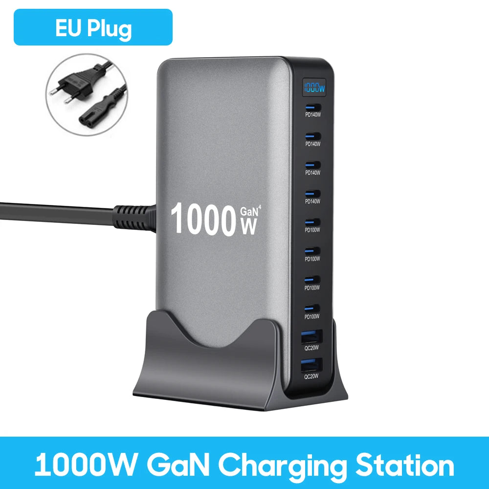 1000W 10-Port GaN Desktop Adapter 140W PD Fast Charging for MacBook Pro Laptop, 100W for Phone Tablet, Multi Port USB Hub Statio