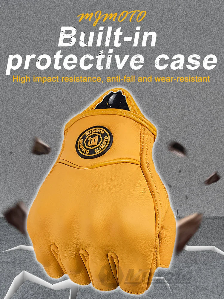 MJMOTO Leather Half Finger Motorcycle Gloves Touchscreen Hard Shell, Black/Yellow L-XXL