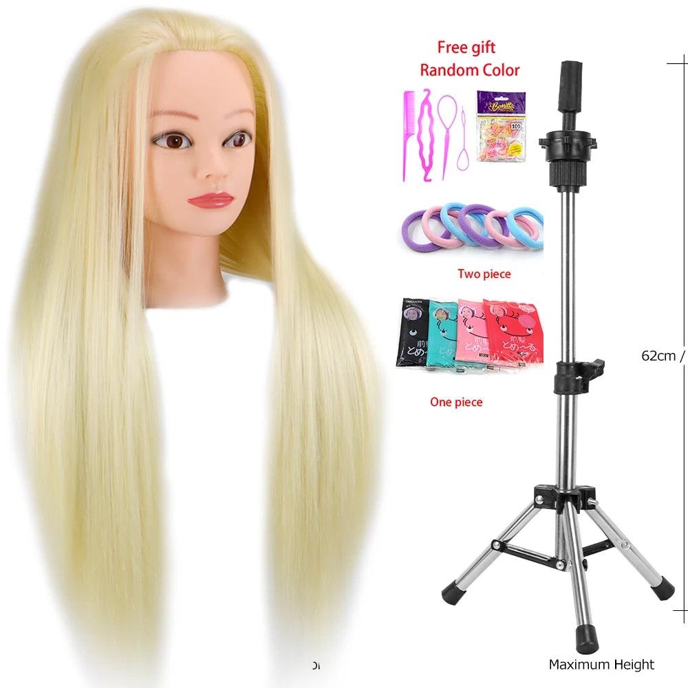Mannequin Head 100% Synthetic Hair Hairdresser Training Head With Tripod Manikin Cosmetology Doll Head For Braiding Styling