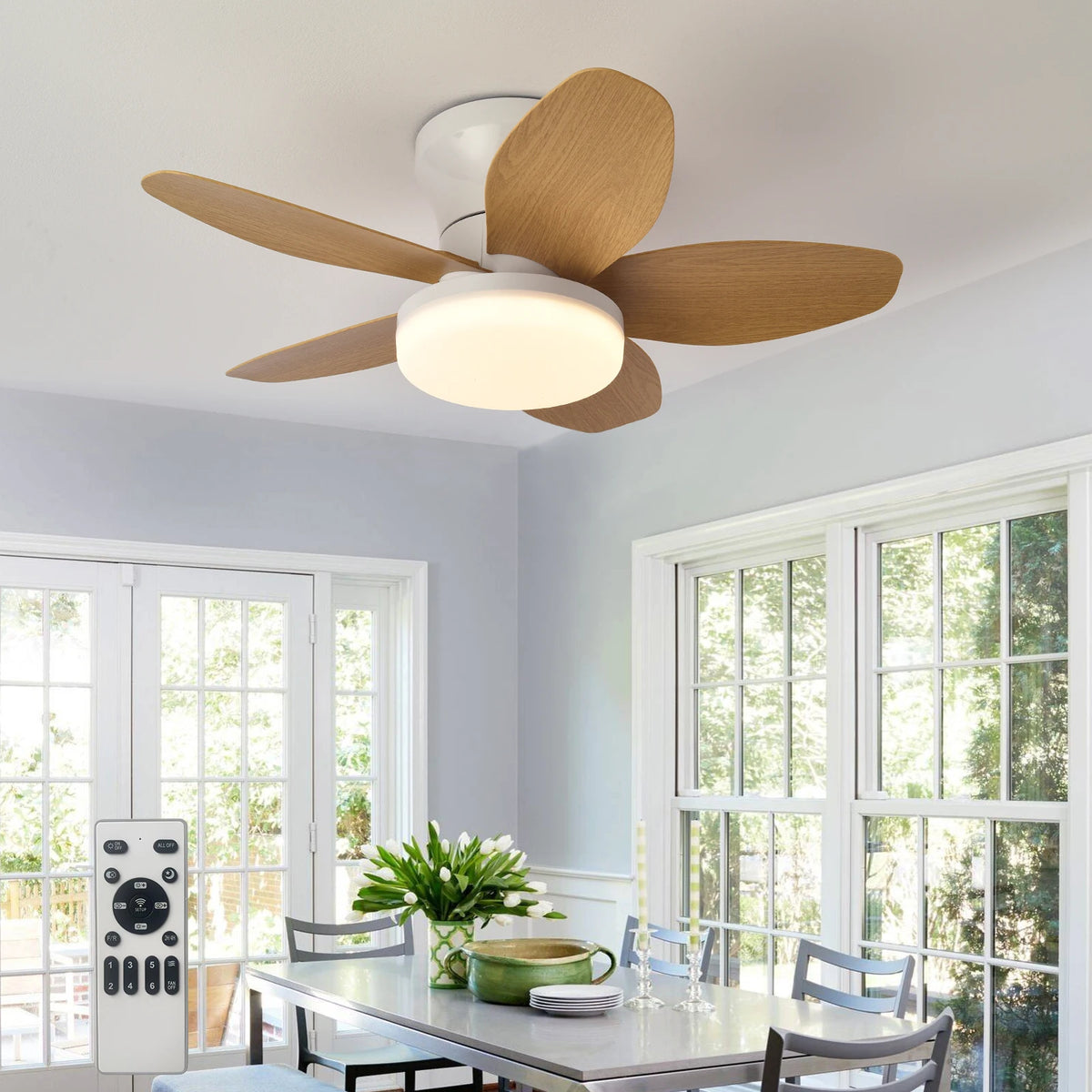 25 inch Ceiling Fans with Lights and Remote,Flush Mount Ceiling Fan,Reversible Quiet DC Motor Low Profile Ceiling Fans For Livin