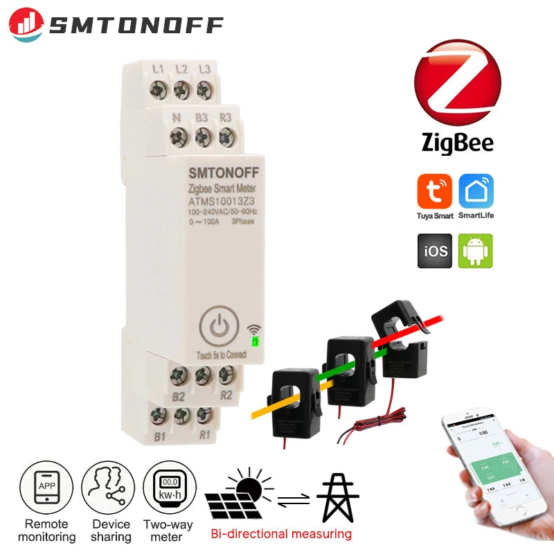 Zigbee Tuya Threee phase 100A Smart Energy Power Monitor  with external Current  transformer CT  380V /415V  50Hz  60Hz