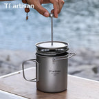 Tiartisan Titanium Folding Handle French Press Hanging Pot Coffee Maker With Lid Outdoor Camping Cookware Water Cup Mug