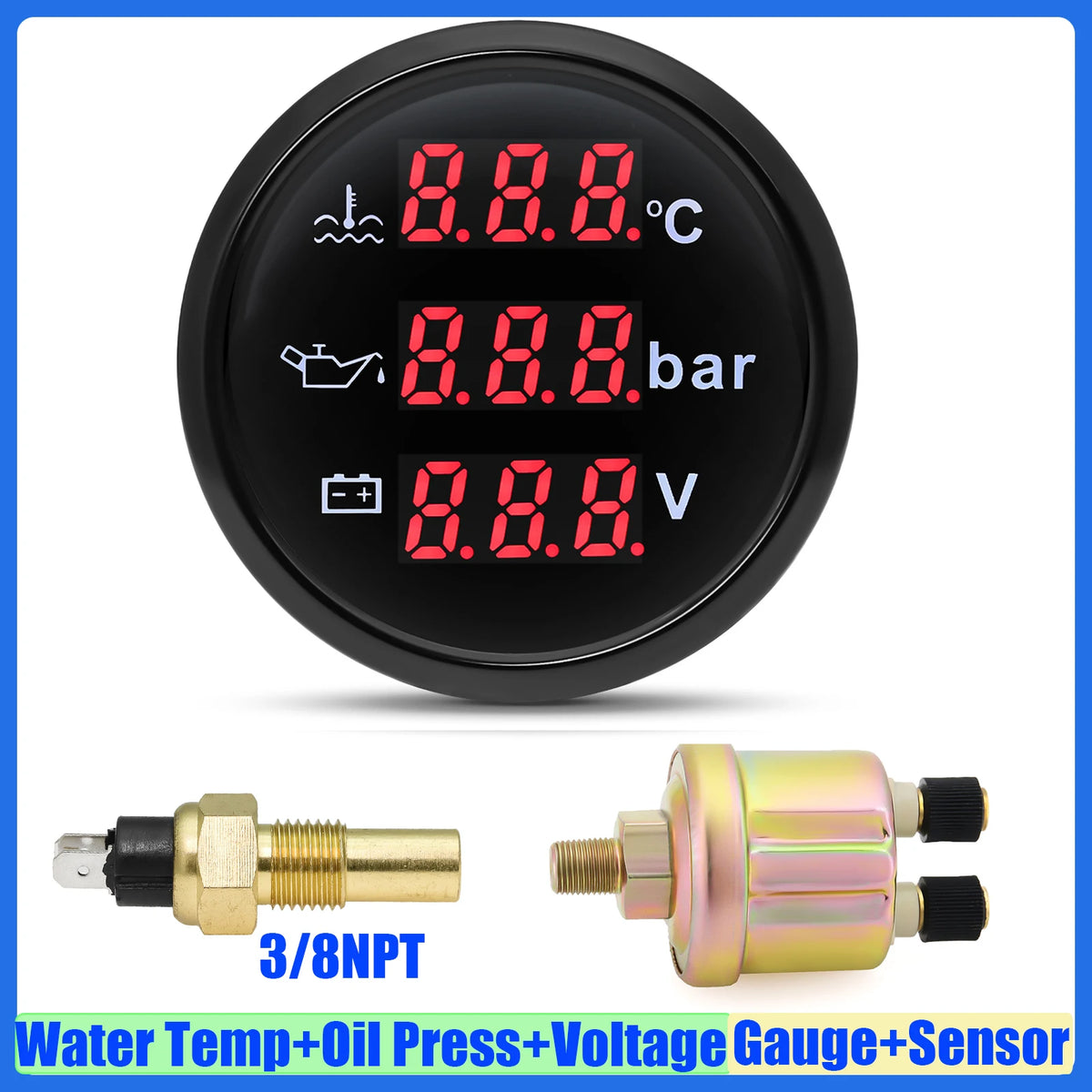 Auto Car 3 IN 1 52mm Gauge Water Temperature+Oil Pressure+Volt with Alarm Red LED Digital Water Temp Gauge+Sensor 12V24V Custom