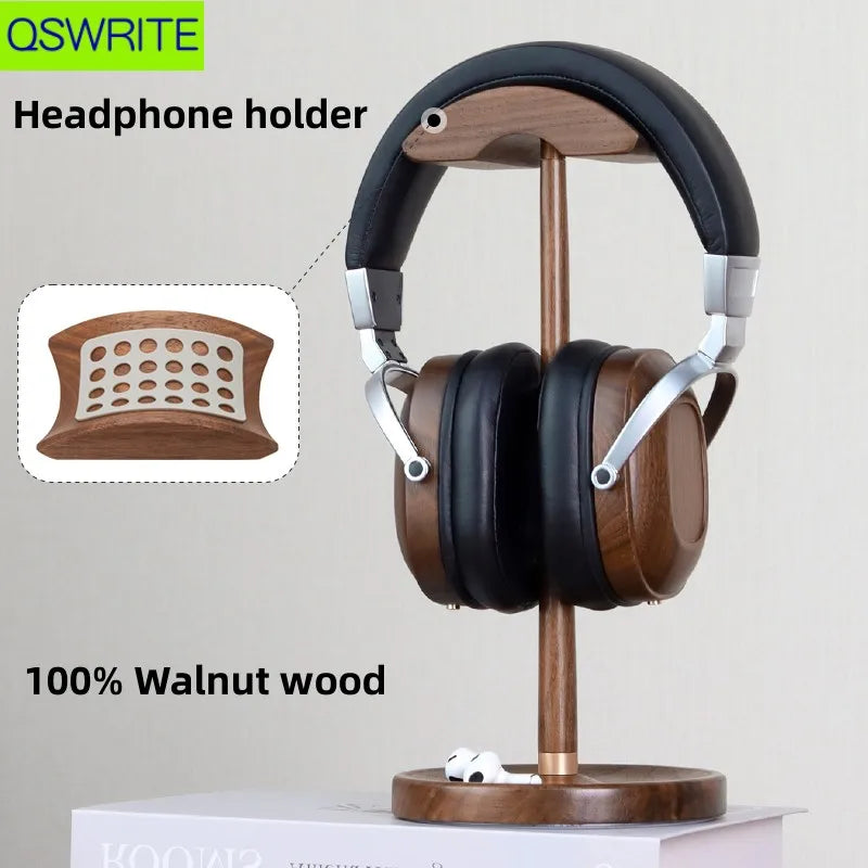 Walnut wood headphone holder stand with copper reinforcement, curved or flat style