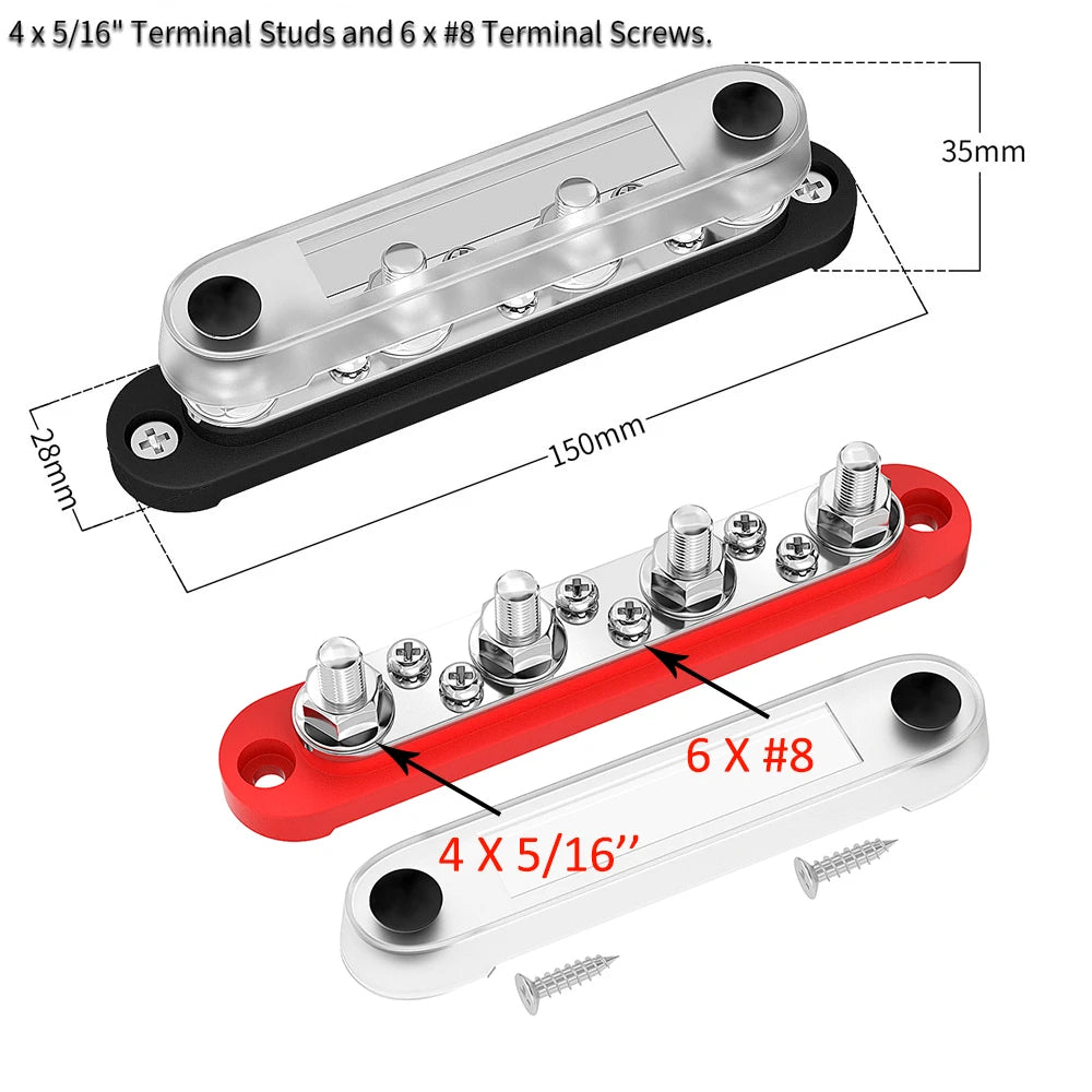 DaierTek Car Terminal Block Negative Bus Bar 12V 150A Terminal Block 12V Power Distribution Block M8 Termianl Bus for Automotive