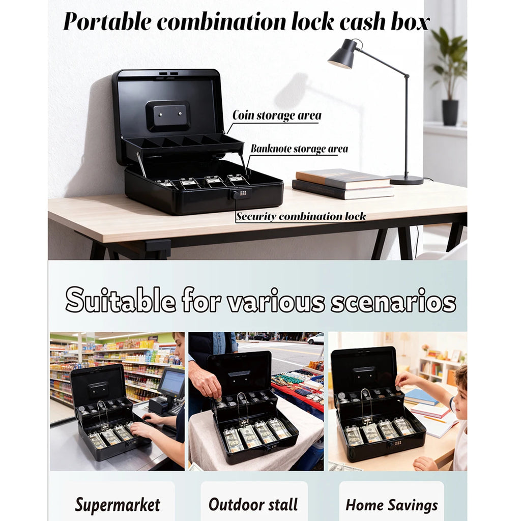1 pc Money Box with Key -Money Tin with Lock - Medium-sized Cash Box with Coin Tray for Petty Cash Coins Notes,Home , Business