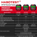 Habotest HT107 Pro Socket Tester A Comprehensive Tool for Voltage, RCD 30mA, UK/EU Plug Grounding, Zero Line, Polarity and Phas