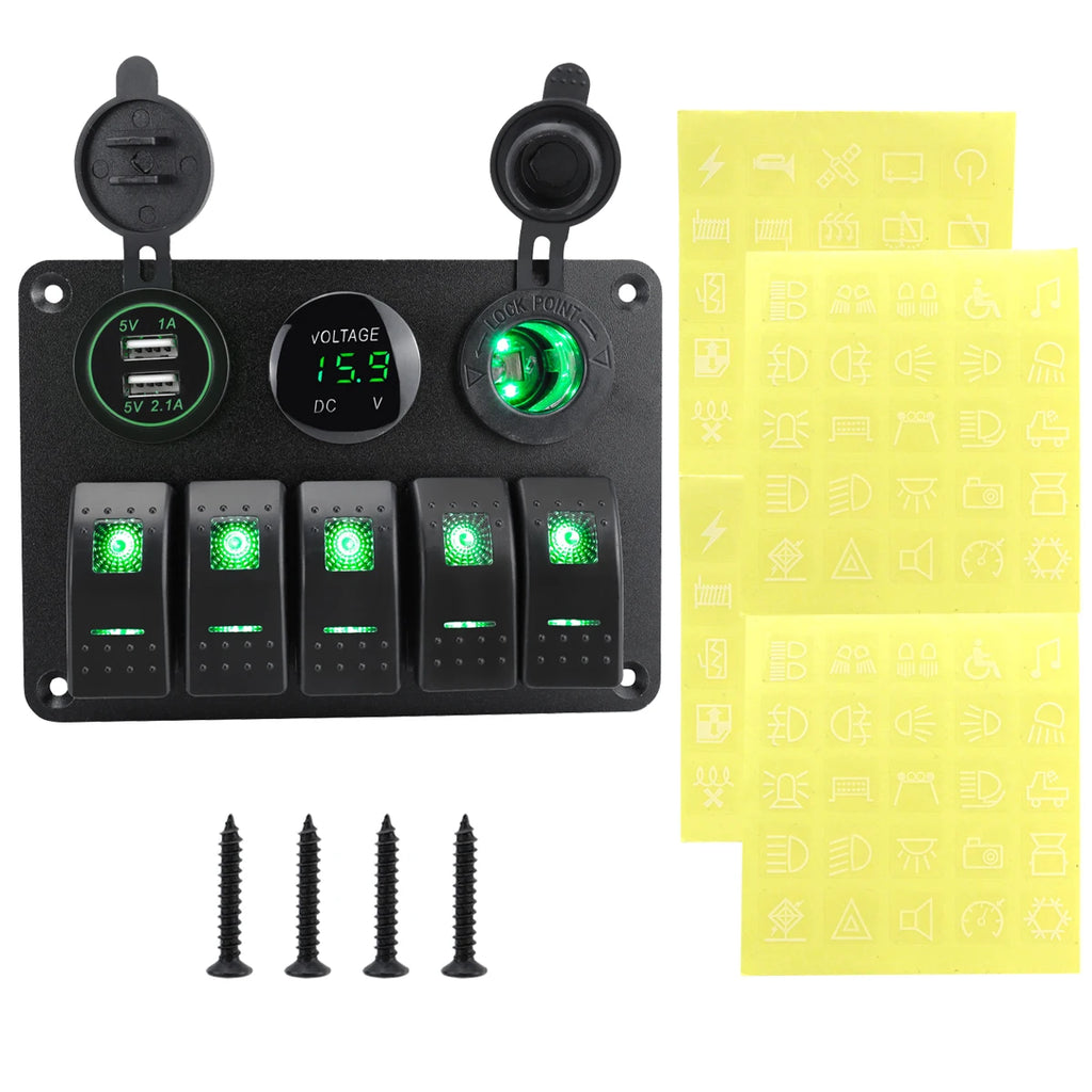 5 sets of rocker switch panels, 12-24V, with dual USB socket 4.2A+voltmeter LED light and cigarette lighter.