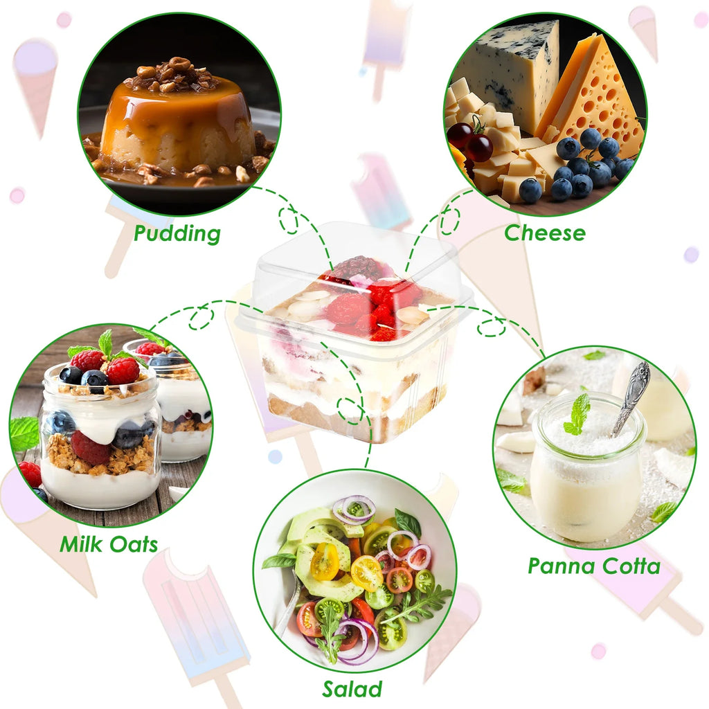 50Pcs Plastic Dessert Cups 8oz Clear Square Single Dessert Box Sealed Cake Storage Box for Muffins Cupcake Pudding Mousse Party