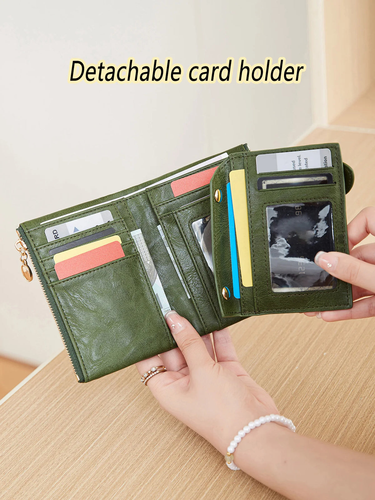 Women's Short Wallet Double Zipper Card Holder 3-Layer Large Capacity QB347 Black