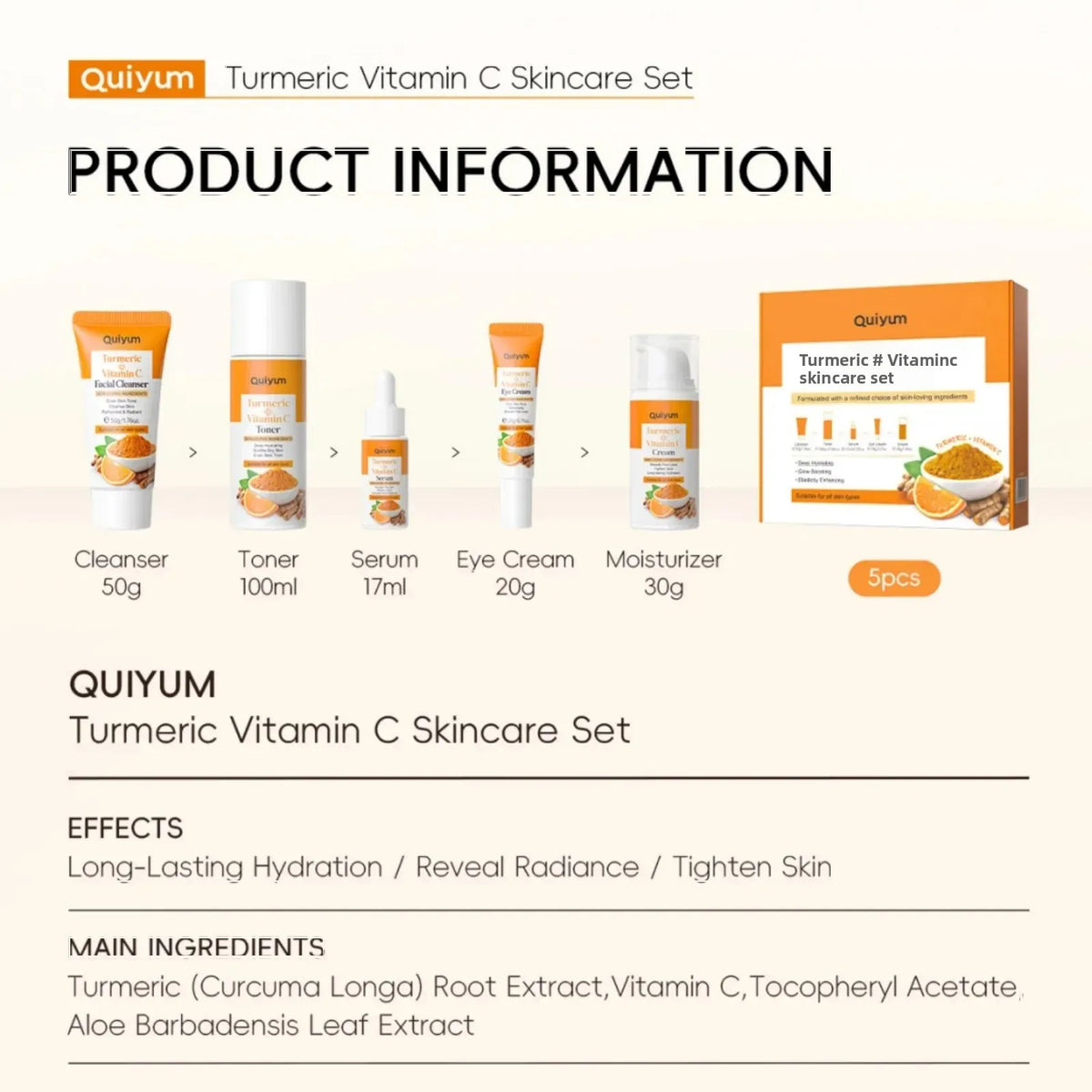 Vitamin C Turmeric Facial Kit Hydrating Tightening 5pcs Set Face Wash Toner Essence Eye Treatment Moisturizer Skincare