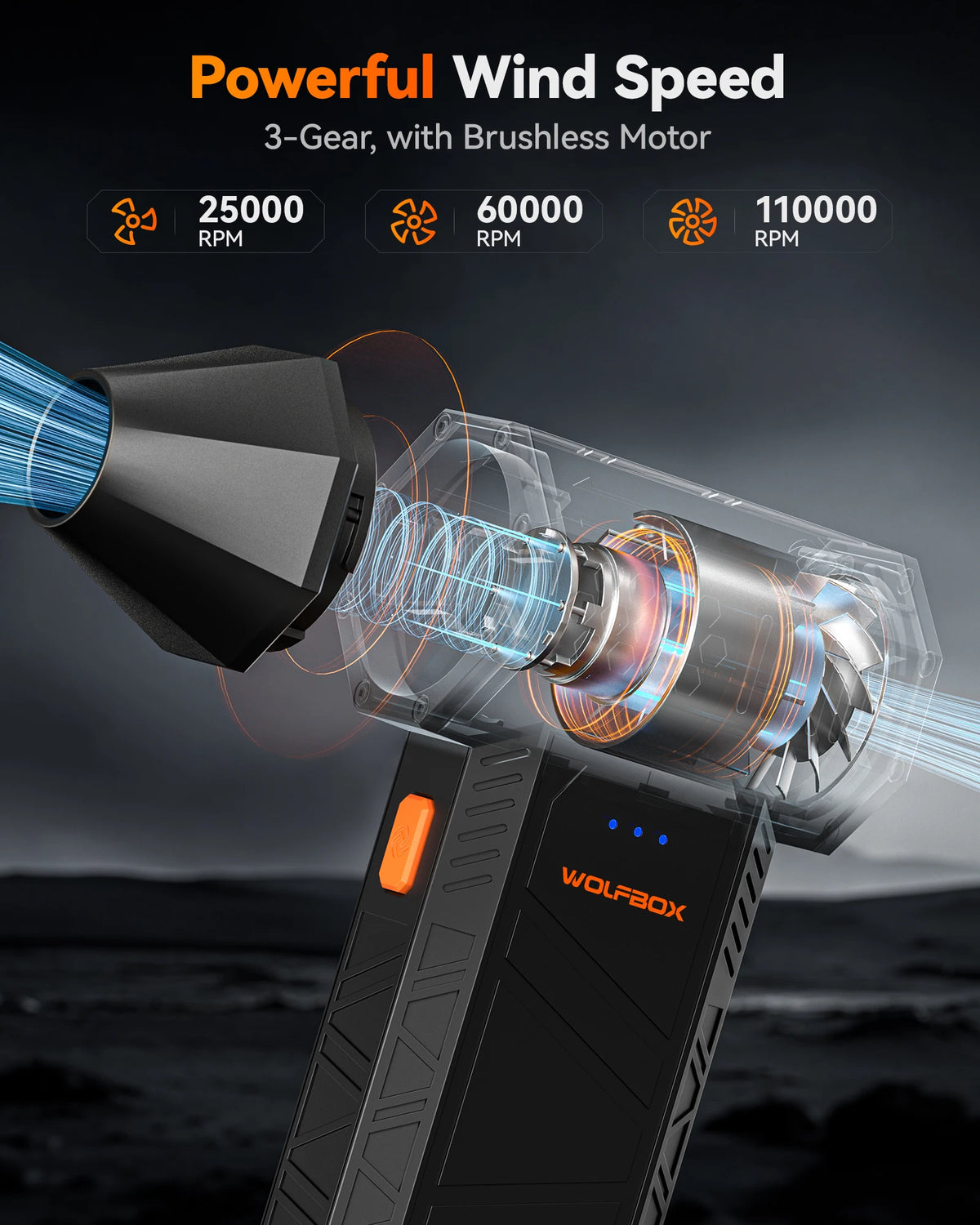 WOLFBOX MF50 Electric Air Duster Air Blower-110000RPM Super Power, Rechargeable 3-Gear Brushless Motor for Car/PC/Home/Outdoor