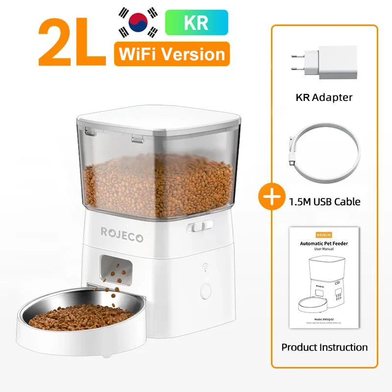 ROJECO 2L WiFi Automatic Cat Feeder Dry Food Dispenser, Black/White, EU/US/KR Plug