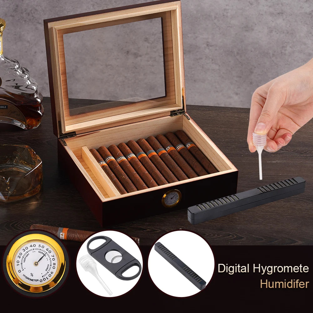 Cigar Humidor, Cedar Wood Desktop Humidors Case with Digital Hygrometer, Humidifier & Divider, Cigar Gift for Men, Glass Top Box