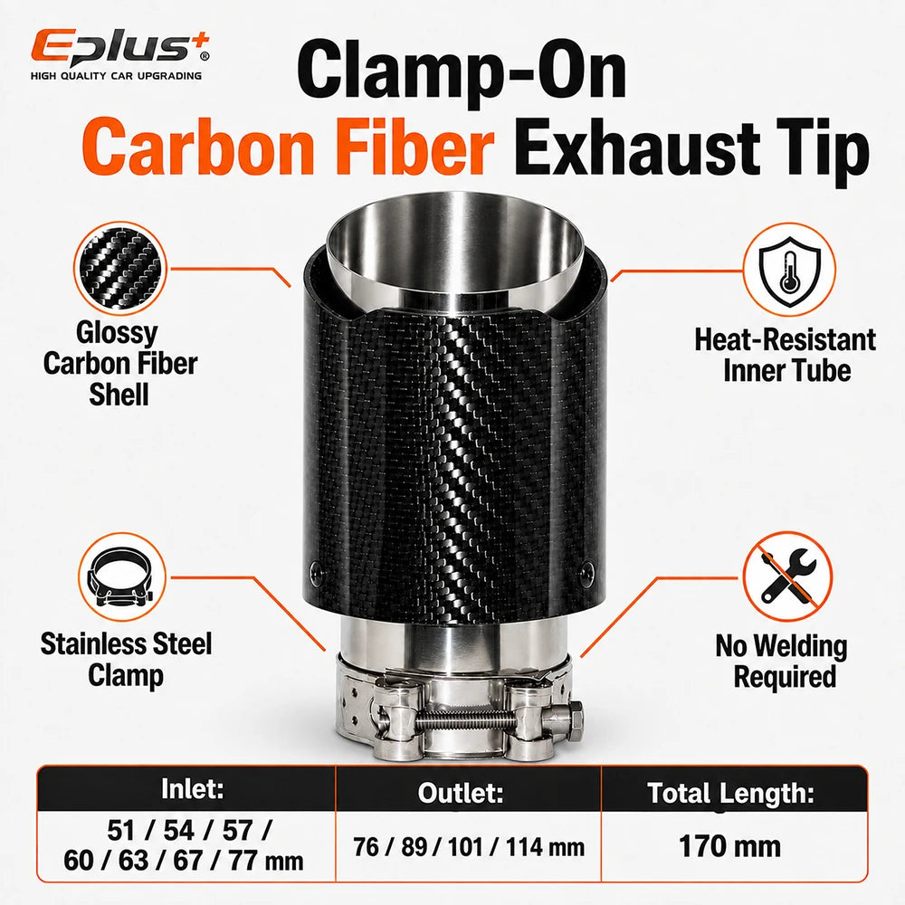 Universal Glossy Carbon Fiber Car Exhaust Muffler Tip Clamp‑On Straight Exhaust Pipe Mufflers Nozzle Straight Stainless Silver