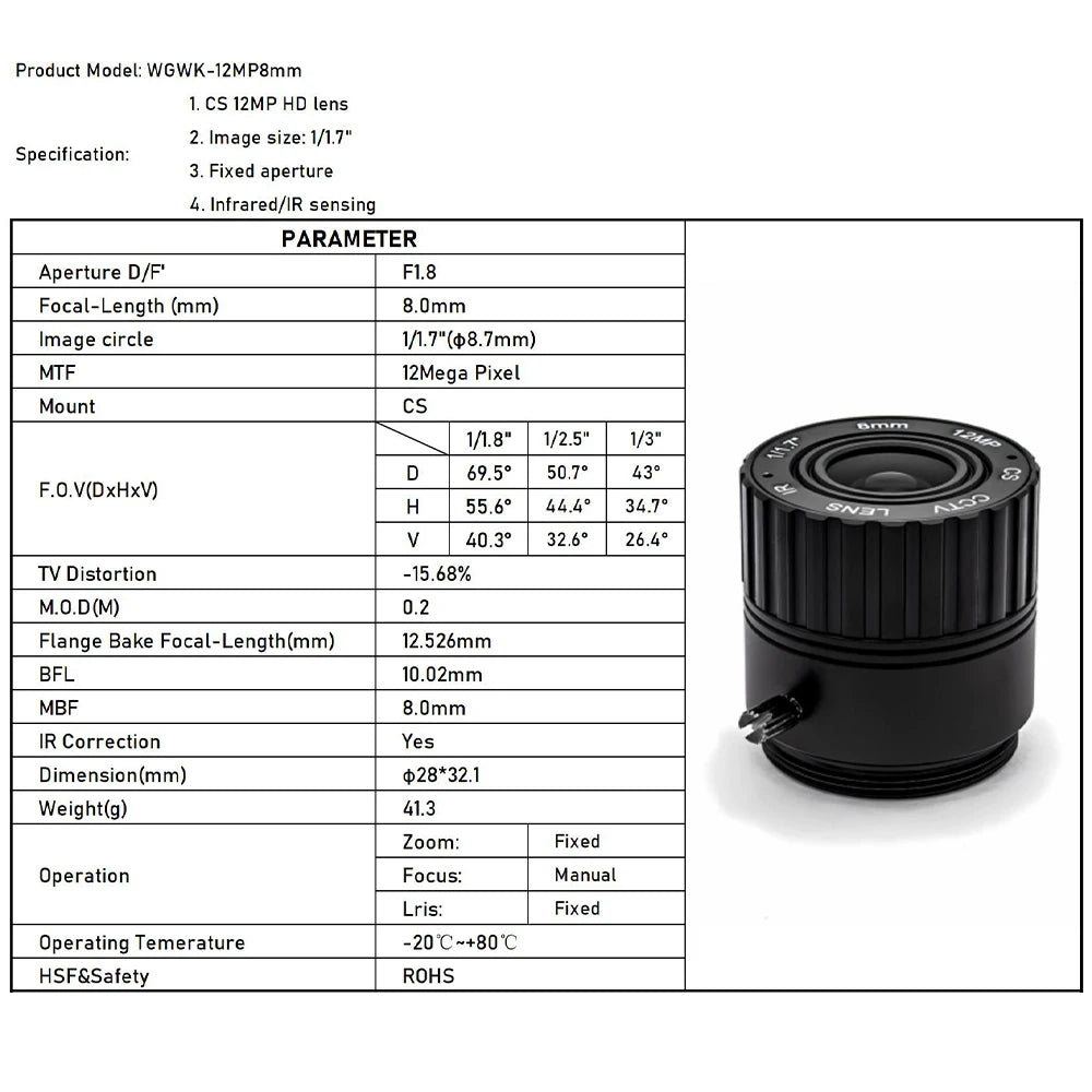 WGWK 4K 12MP CS Mount CCTV Lens 1/1.8" Format Manual Iris 5-50mm Industrial Zoom Lens For Machine Vision Surveillance IP Camera