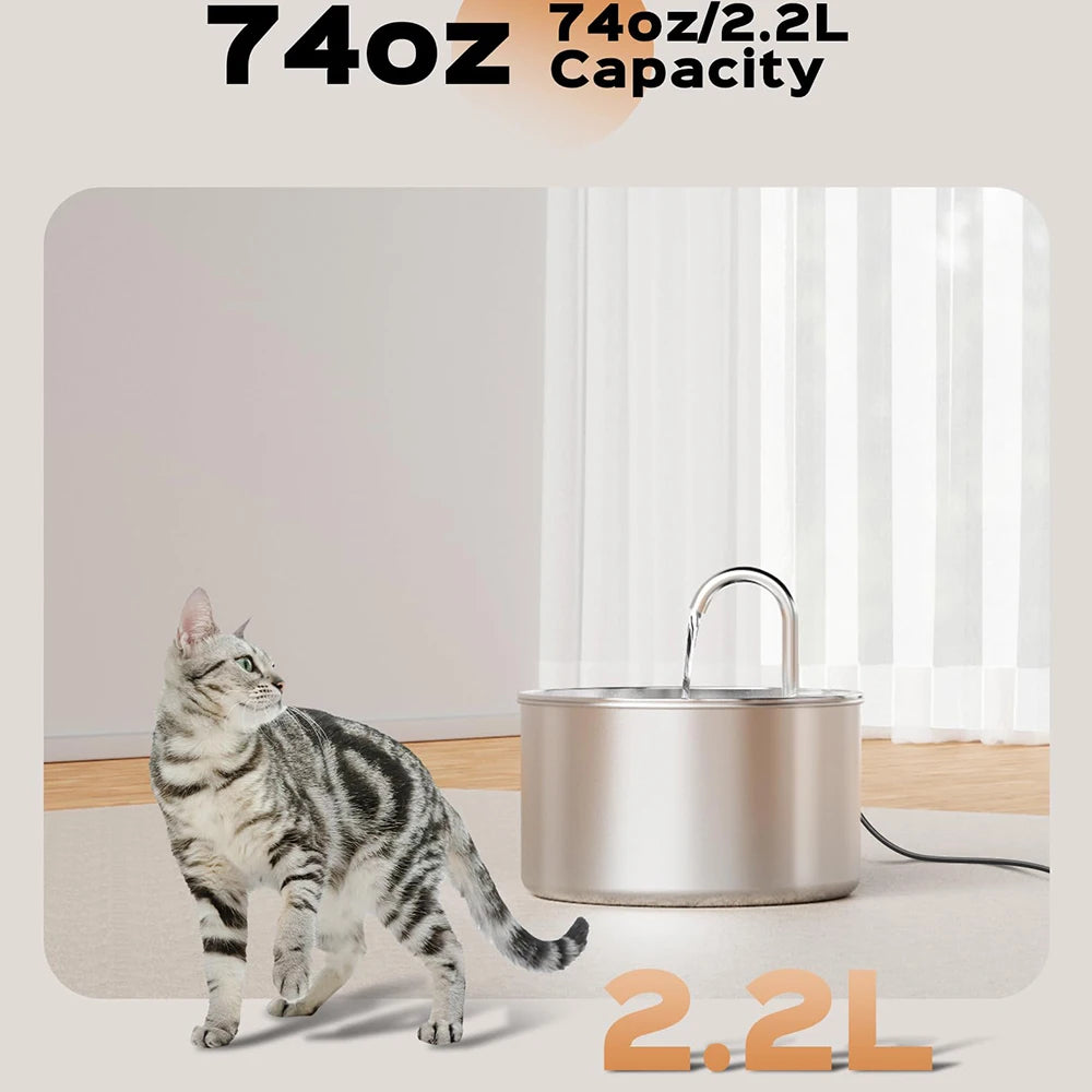 ZYFeeder 2.2L/74oz Cat Automatic Water Fountain Stainless Steel Cat and Dog Pet Drinking Bowl Water Dispenser ( No 5V 1A Plug）