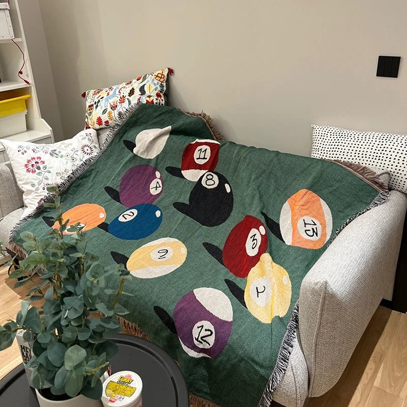 Billiard Balls Pattern Fringed Throw Blanket Retro Pool Balls Themed Woven Couch & Bed Blanket Game Room Decorative Throw