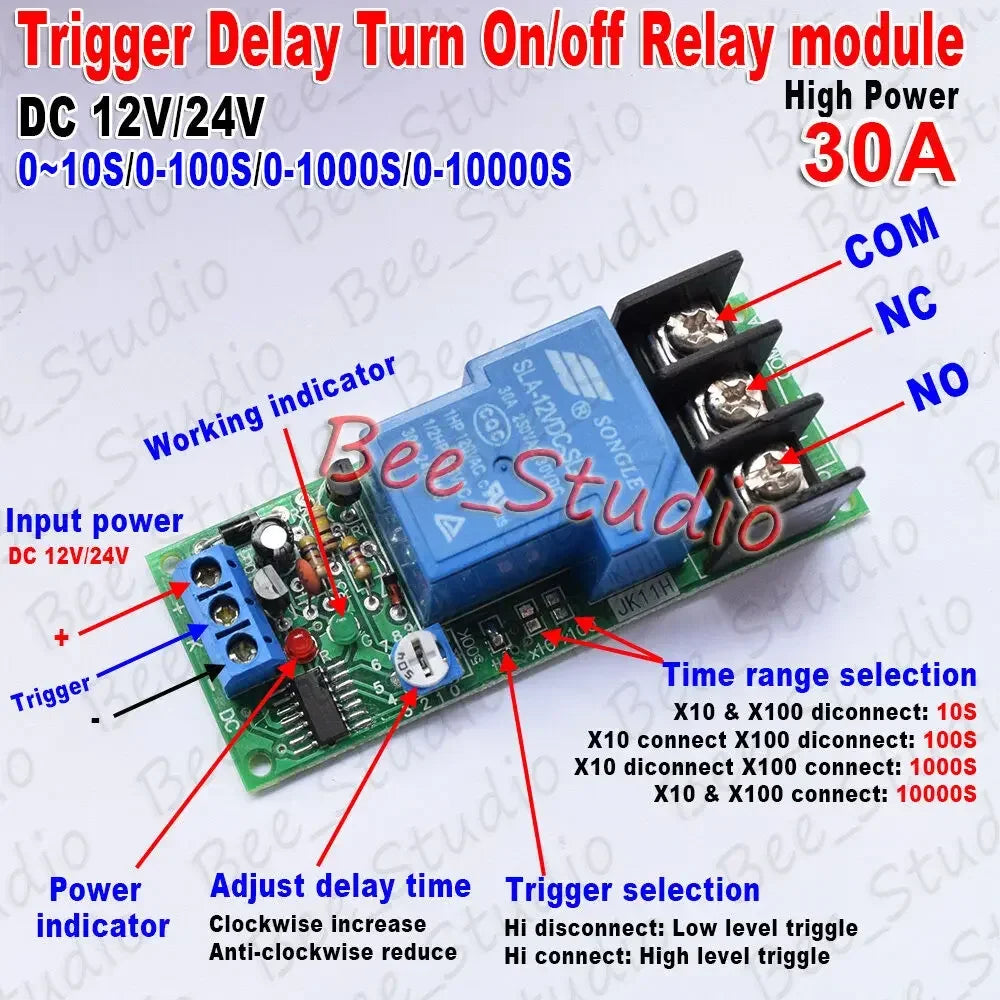 Time Delay Relay Module Timer Switch Adjustable Delay 30A DC 12V or 24V