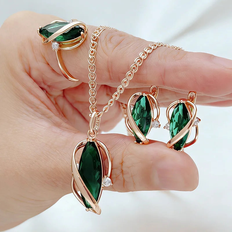 Kinel Green Zircon Jewelry Set 3pc Rose Gold Color Necklace Earrings Ring, Sizes 7-10